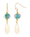 2028 Crystal Flower And Imitation Pearl Drop Earrings In Blue