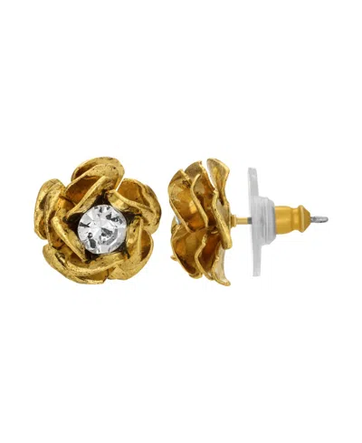2028 Crystal Flower Button Earrings In Gold-tone