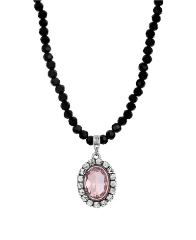 2028 Crystal Rimmed Topaz Oval Black Beaded Adjustable Necklace In Pink