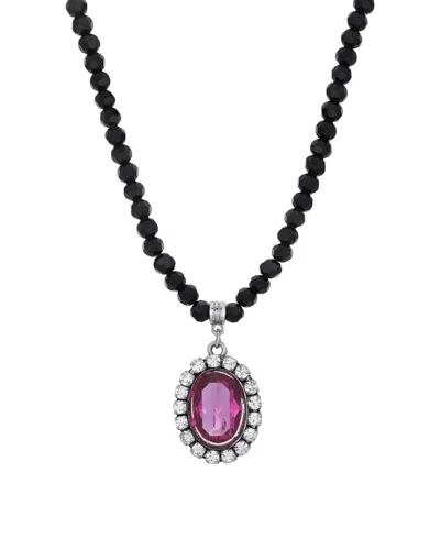 2028 Crystal Rimmed Topaz Oval Black Beaded Adjustable Necklace In Purple