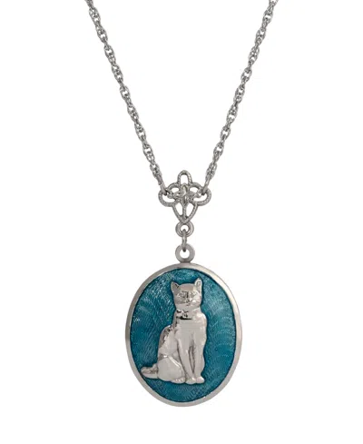 2028 Enamel Oval Cat Locket Necklace In Blue