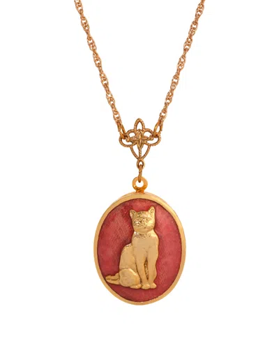 2028 Enamel Oval Cat Locket Necklace In Pink