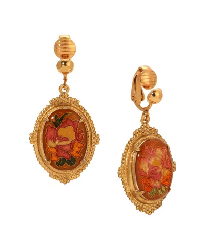 2028 Enamel Oval Floral Clip Earrings In Pink