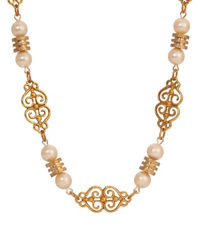 2028 Faux Cultivated Pearl Filigree Station Collar Necklace In White