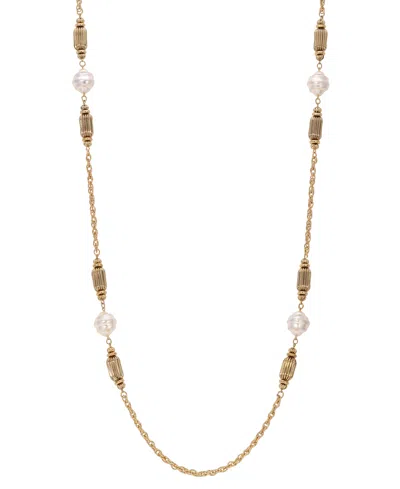 2028 Faux Cultivated Pearl Fluted Brass Long Necklace In White