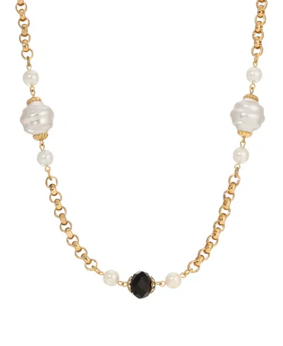 2028 Faux Cultivated Pearl Jet Bead Strand Necklace In Black