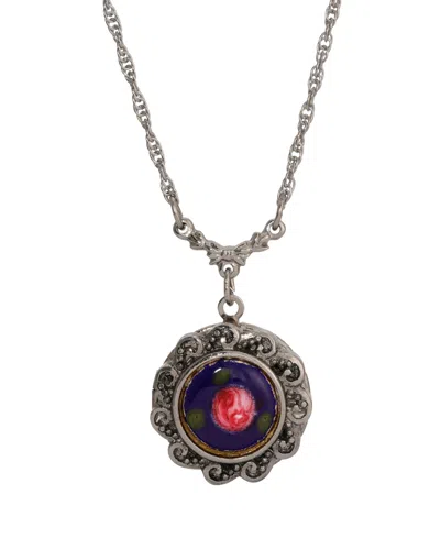 2028 Floral Enamel Round Locket Necklace In Blue