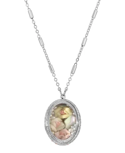 2028 Flower Silver-tone Oval Multicolor Rose Necklace In Pink