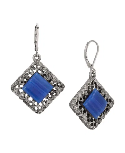 2028 Glass Rectangle Filigree Drop Earrings In Blue