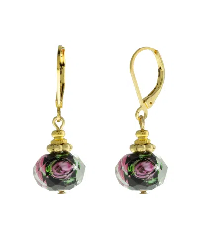 2028 Gold-tone Black Bead Pink Flower Earring