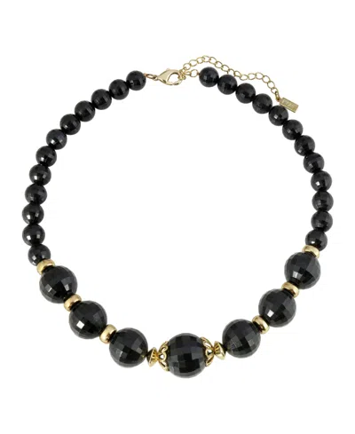 2028 Gold-tone Black Beaded Strandge 16" Adjustable Necklace