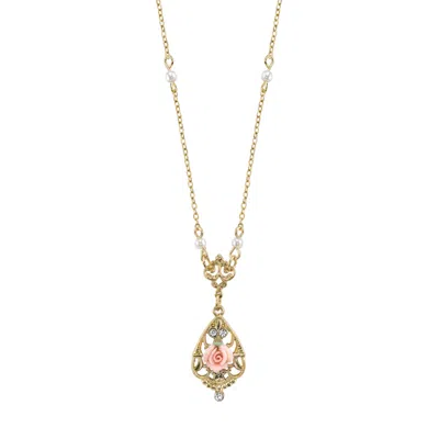 2028 Gold-tone Crystal And Pink Porcelain Rose Simulated Pearl Necklace 17"