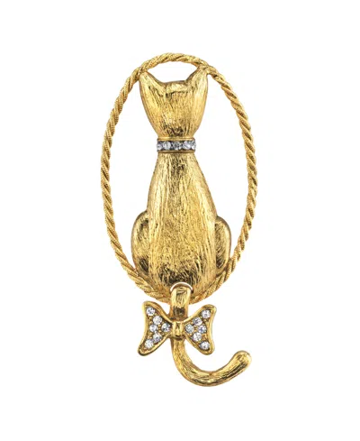 2028 Gold Tone Crystal Backwards Cat Pin In Yellow