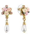 2028 Gold-tone Crystal Ivory And Pink Porcelain Rose Simulated Pearl Drop Earrings In Pink