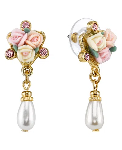 2028 Gold-tone Crystal Ivory And Pink Porcelain Rose Simulated Pearl Drop Earrings