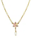 2028 Gold-tone Crystal Ivory And Pink Porcelain Rose Simulated Pearl Necklace 16" Adjustable In Pink