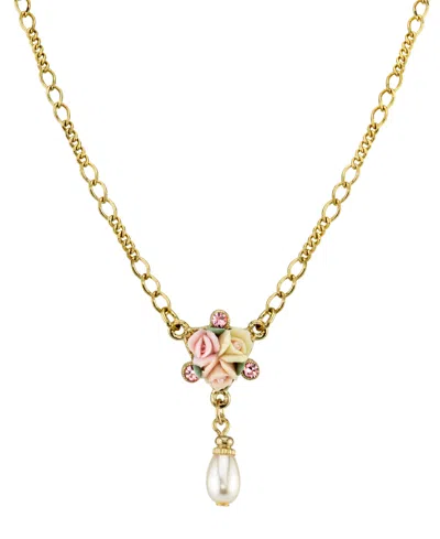 2028 Gold-tone Crystal Ivory And Pink Porcelain Rose Simulated Pearl Necklace 16" Adjustable