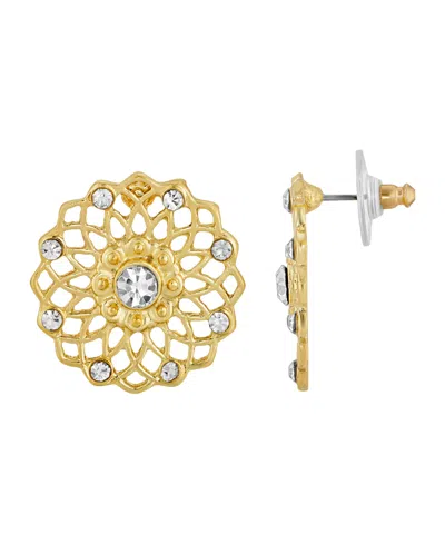 2028 Gold-tone Crystal Large Filigree Button Earrings In White