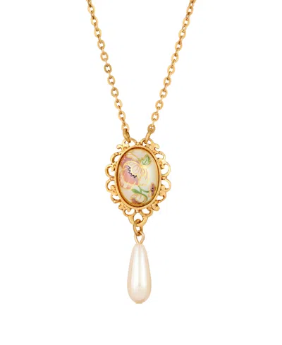 2028 Gold-tone Flower Decal Oval Drop Necklace In Multi