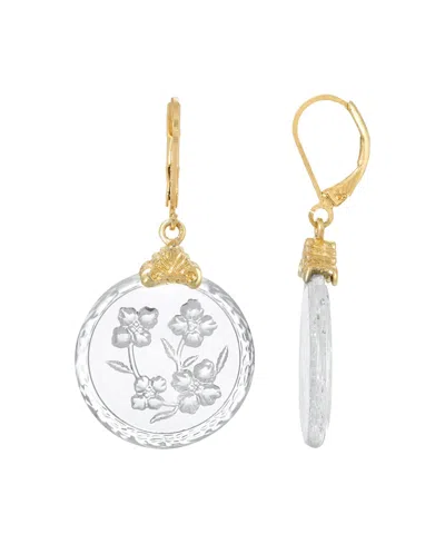 2028 Gold-tone German Glass Etched Flowers Earrings In Clear