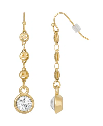 2028 Gold-tone Happy Face Chain Crystal Linear Drop Earring In White