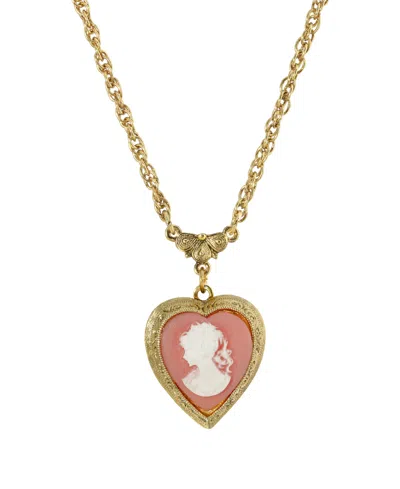 2028 Gold-tone Heart Cameo Locket 16" Adjustable Necklace In Orange