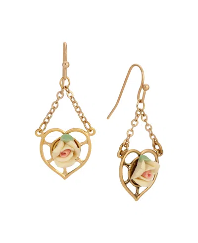 2028 Gold Tone Heart Porcelain Rose Earrings In Orange
