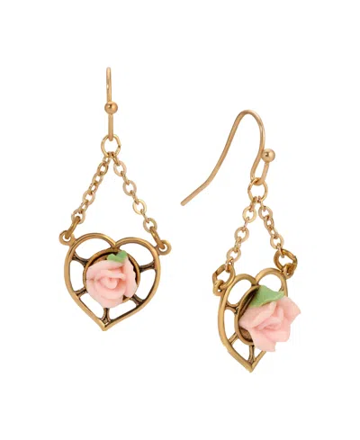 2028 Gold Tone Heart Porcelain Rose Earrings In Pink