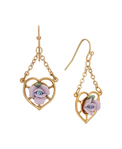 2028 Gold Tone Heart Porcelain Rose Earrings In Purple