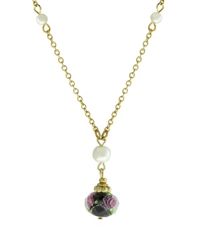 2028 Gold-tone Imitation Pearl And Black Floral Bead Drop 16" Adjustable Necklace In White