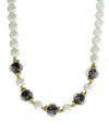 2028 Gold-tone Imitation Pearl And Black Floral Beaded 15" Adjustable Necklace In White