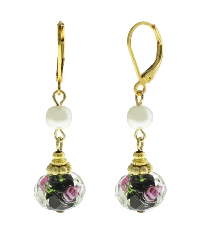2028 Gold-tone Imitation Pearl And Black Floral Drop Bead Earrings In White