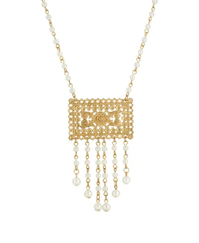 2028 Gold Tone Imitation Pearl Drop Rectangle Necklace In White