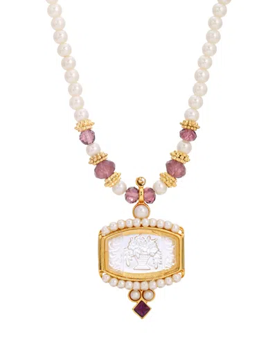 2028 Gold-tone Imitation Pearl Etched Glass Intaglio Stone Necklace In Purple
