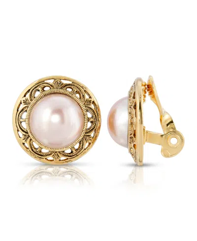 2028 Gold Tone Imitation Pearl Round Button Clip Earrings In Pink