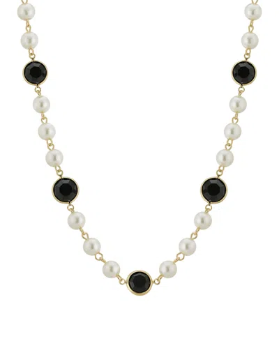 2028 Gold-tone Imitation Pearl With Black Channels 16" Adjustable Necklace