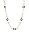 2028 Gold-tone Imitation Pearl With Dark Blue Channels 16" Adjustable Necklace In Blue