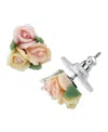 2028 Gold-tone Ivory And Pink Porcelain Rose Button Earrings In Pink