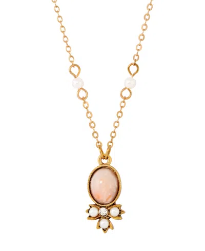 2028 Gold-tone Peach Color Imitation Pearl And Crystal Drop Necklace In White