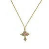 2028 Gold-tone Pink Crystal Cross And Pink Porcelain Rose Filigree Necklace 16" Adjustable In Pink