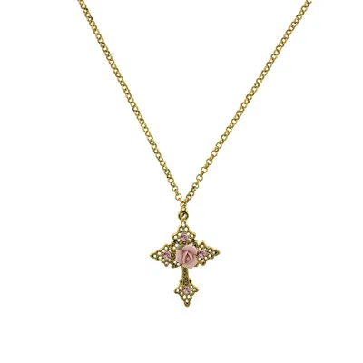 2028 Gold-tone Pink Crystal Cross And Pink Porcelain Rose Filigree Necklace 16" Adjustable