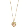 2028 Gold-tone Pink Crystal Heart And Pink Porcelain Rose Filigree Necklace 16" Adjustable In Pink
