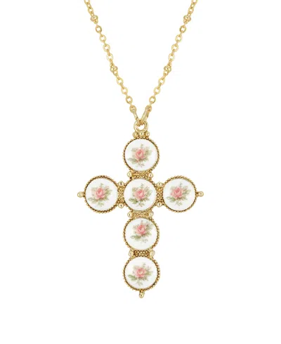2028 Gold-tone Pink Flower Decal Cross 30" Necklace