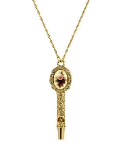 2028 Gold Tone Pink Flower Decal Whistle Necklace