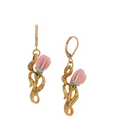 2028 Gold Tone Pink Flower Drop Earrings