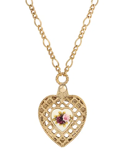 2028 Gold-tone Pink Flower Heart Mirror Pendant Necklace