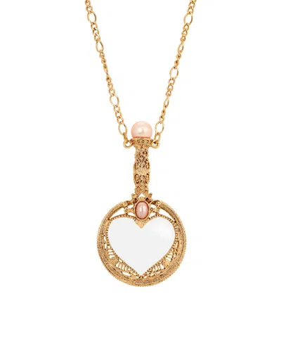 2028 Gold-tone Pink Imitation Pearl Magnifying Glass Necklace