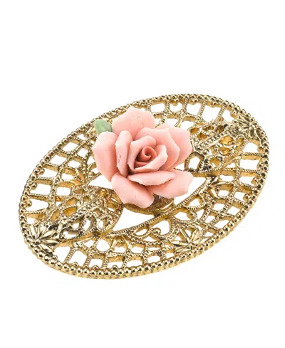 2028 Gold-tone Pink Porcelain Rose Filigree Brooch In No Color