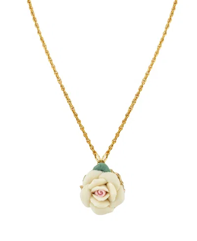 2028 Gold Tone Porcelain Pendant Necklace 16" Adjustable In White