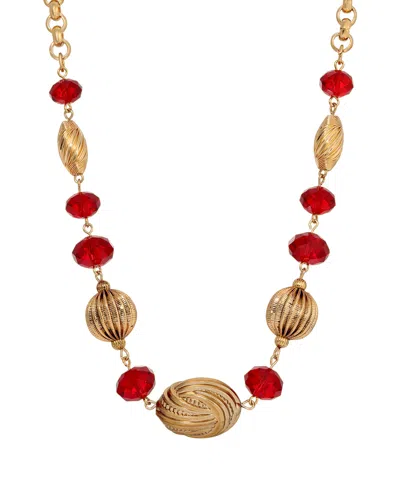 2028 Gold-tone Red Glass Bead Necklace